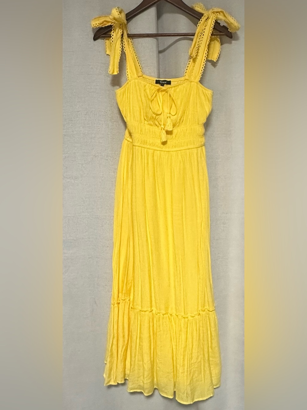 Trixxi Yellow Tie Strap Midi Dress Women’s M Smocked Empire Waist Tassel Boho - Picture 2 of 6
